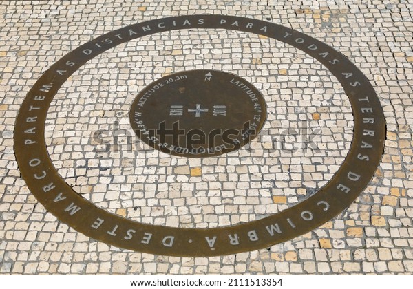 Point zero,\
Kilometer zero point or Zero mile marker, located in front of\
Coimbra City Hall. Inscription: The distances to all the lands of\
Coimbra start from this landmark.\
Portugal