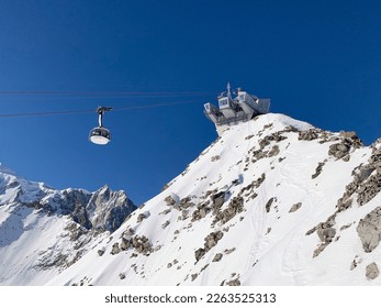 Pointe Helbronner station along the Skyway Monte Bianco, Courmayeur town, Italy. Skyway Monte Bianco is a cable car in the italian Alps, linking the town of Courmayeur and Mount Bllanc
