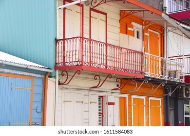 Pointe A Pitre, Biggest City Of Guadeloupe. Typical Local Painted Colorful Architecture.