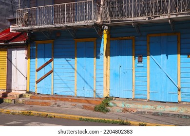 Pointe A Pitre City In Guadeloupe. Typical Local Creole Style Painted Colorful Architecture.