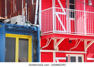 Pointe A Pitre City In Guadeloupe. Typical Local Creole Style Painted Colorful Architecture.