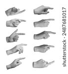 Pointers, pointing index fingers set, gesturing aside, showing something, advertising, hand sign isolated on white background.