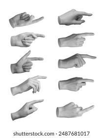 Pointers, pointing index fingers set, gesturing aside, showing something, advertising, hand sign isolated on white background.