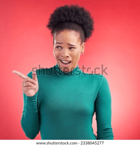 Pointing, confused and a black woman on a red background for showing, angry or frustrated. Thinking, fail and an African girl with a hand gesture on a backdrop for crazy reaction, mistake or goofy