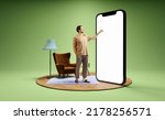Pointing at device screen. Photo and 3d illustration of man standing next to huge 3d model of smartphone with empty white screen isolated on green background. Mockup for ad, text, design, logo