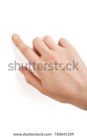 Pointing finger touching white background