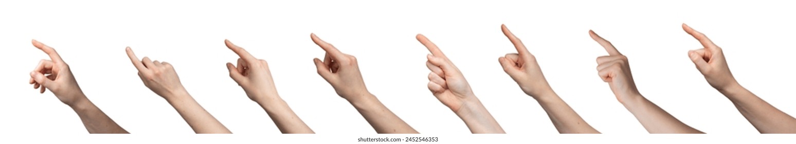 Pointing hand gestures, white background set. Woman s palm, fingers, wrist showing different signs; click, tap, press, choose directions. Female arm, forefinger, index finger up, side, front, back. - Powered by Shutterstock
