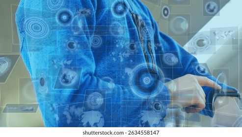 Pointing man in blue jacket checking smartwatch in modern office, with digital interface elements. Technology, innovation, data visualization, digital, interface, professional, futurescape