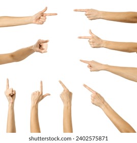 Pointing, touching, aiming. Multiple images set of female caucasian hand with french manicure showing Pointing gesture isolated over white background