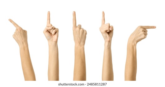 Pointing, touching, aiming. Multiple images set of female caucasian hand with french manicure showing Pointing gesture isolated over white background - Powered by Shutterstock