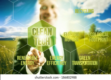 Pointing Towards Camera And Pressing Virtual Screen Button Clean Technology Business Concept