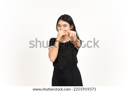 Pointing at you and Laughing Of Beautiful Asian Woman Isolated On White Background