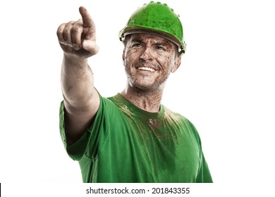 Pointing Young Dirty Worker Man With Hard Hat Helmet Isolated On White Background