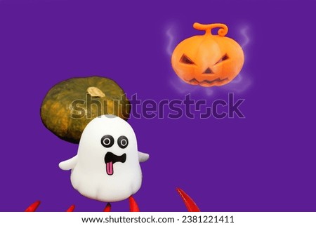 Pointy red nails, little ghosts, baby pumpkins, orange devil pumpkins spewing smoke in Halloween on a purple background.

