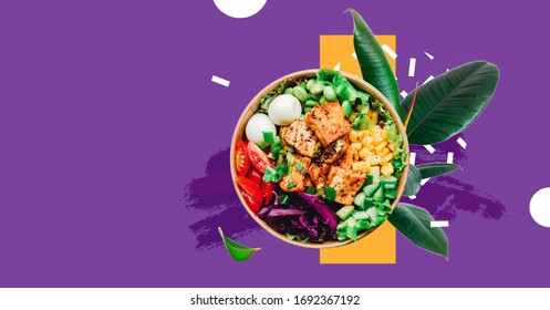 Poke bowl with fresh plants isolated on abstract colorful background. Delicious balanced food concept. Dish with chicken fillet, tomato, red cabbage, chickpea, eggs . Collage banner design. Copy space