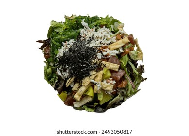 poke bowl hawaiian seafood dish in takeout container isolated on table (wonton crisps, nori, seaweed salad, kani crab, pickled daikon raddish, salmon, tuna, ponzu, shiitake mushrooms) sushi sashimi - Powered by Shutterstock