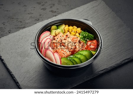 Poke bowl with salmon, avocado, radish, cucumber, tomato, sweet corn and chukka salad in plastic bowl