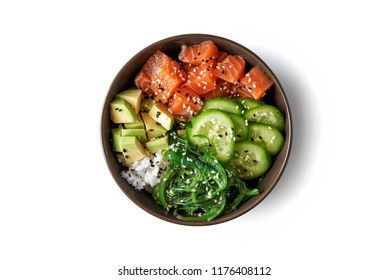poke bowl with salmon islated on white background. top view