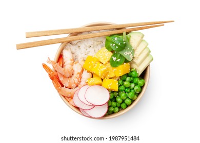 Poke bowl with shrimps, avocado and mango. Isolated on white background. Traditional hawaiian meal. Top view flat lay