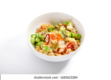 Poke With Shrimp, Avocado And Seasonings. Traditional Hawaiian Cuisine. Tasty Polynesian Dish Served With Tofu Cheese. Delicious Salad With Rice, Edamame And Soybean. Food Composition