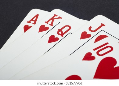 Poker Card Game With Heart Straight Flush. Red. Vertical