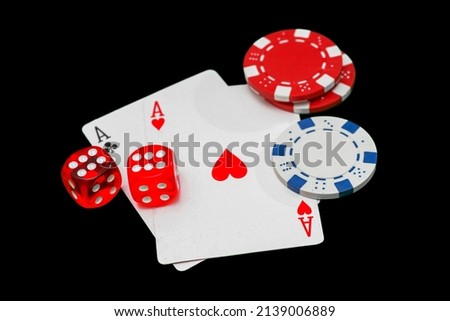 Poker cards Two Aces. Gambling, casino chips, dices. Casino tokens, gaming chips, checks, or cheques.