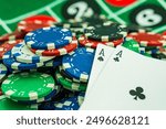 Poker cards with win combination. The player hand holds a winning combination in a game in a poker The concept of luck in the poker game A winning combination in poker is two aces on a table of chips