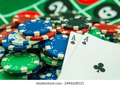 Poker cards with win combination. The player hand holds a winning combination in a game in a poker The concept of luck in the poker game A winning combination in poker is two aces on a table of chips