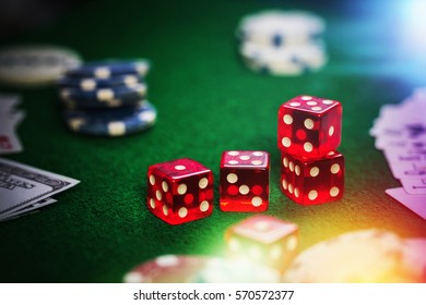 Poker Chips In Casino Gamble Green Table.