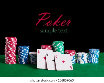Poker chips on black  background with place for sample text