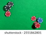 Poker chips on green table, flat lay. Space for text