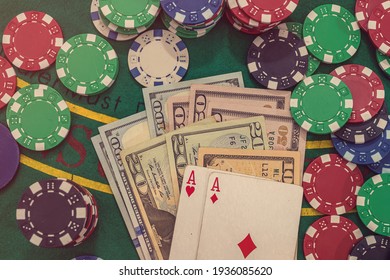Poker combination with chips playing cards and win dollars in casino table. gambling