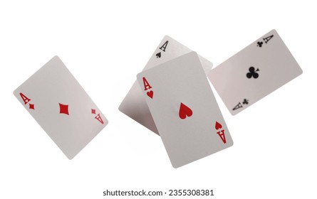 Póquer, cuatro ases volando, jugando cartas aisladas en blanco, recortando camino