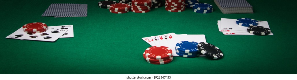 Poker Game Concept On Green Table, Long Photo