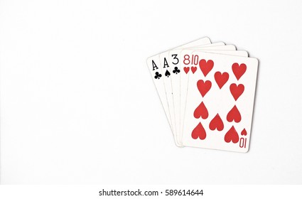 Poker hand ranking, symbol set Playing cards in casino: one pair, ace, two, three, eight on white background, luck abstract, horizontal copyspace on white