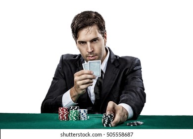 Poker Player Raising The Bet, , On A White Background.