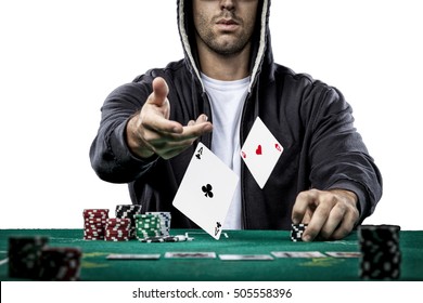 Poker Player Showing A Pair Of Aces, On A White Background.