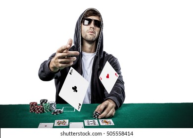 Poker Player Showing A Pair Of Aces, On A White Background.