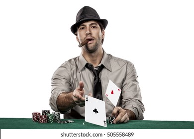 Poker Player Showing A Pair Of Aces, On A White Background.