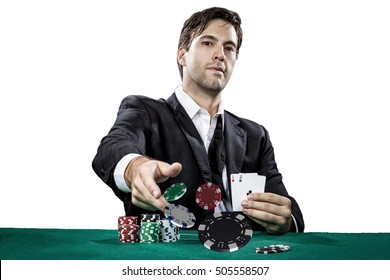 Poker Player Showing A Pair Of Aces, On A White Background.