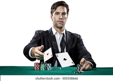 Poker Player Showing A Pair Of Aces, On A White Background.