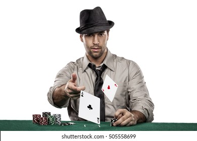 Poker Player Showing A Pair Of Aces, On A White Background.