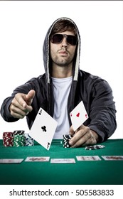 Poker Player Showing A Pair Of Aces, On A White Background.