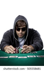 Poker Player Taking Poker Chips After Winning, , On A White Background.