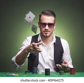 Poker Player Throwing Cards At The Table