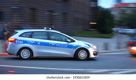 Wrocław, Poland 07.26.2017 A Police Service Car In Motion Goes To Action.