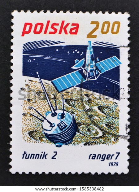 POLAND - 2019:\
The history of space flights at the old postage stamps. Lunnik 2\
unmanned space probe launched by the USSR. Its purpose was to\
collide with the surface of the moon.\
