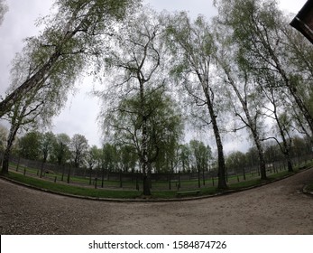 Oświęcim / Poland - April 27, 2019 - Electric fence with barbed wire and Air Raid Shelter in Auschwitz I German Nazi Concentration and Extermination Camp on the outskirts of Oswiecim, Poland. 