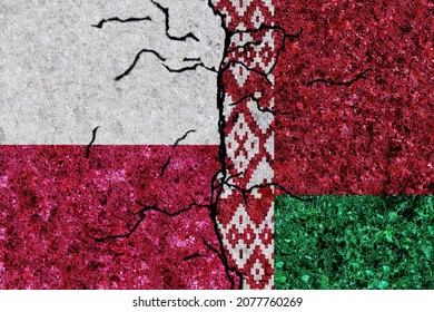 Poland and Belarus painted flags on a wall with grunge texture. Poland-Belarus conflict. Poland Belarus relations
