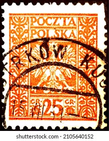 Poland, circa 1928: Postage stamp from the Coat of Arms of Poland series showing Eagle Arms.